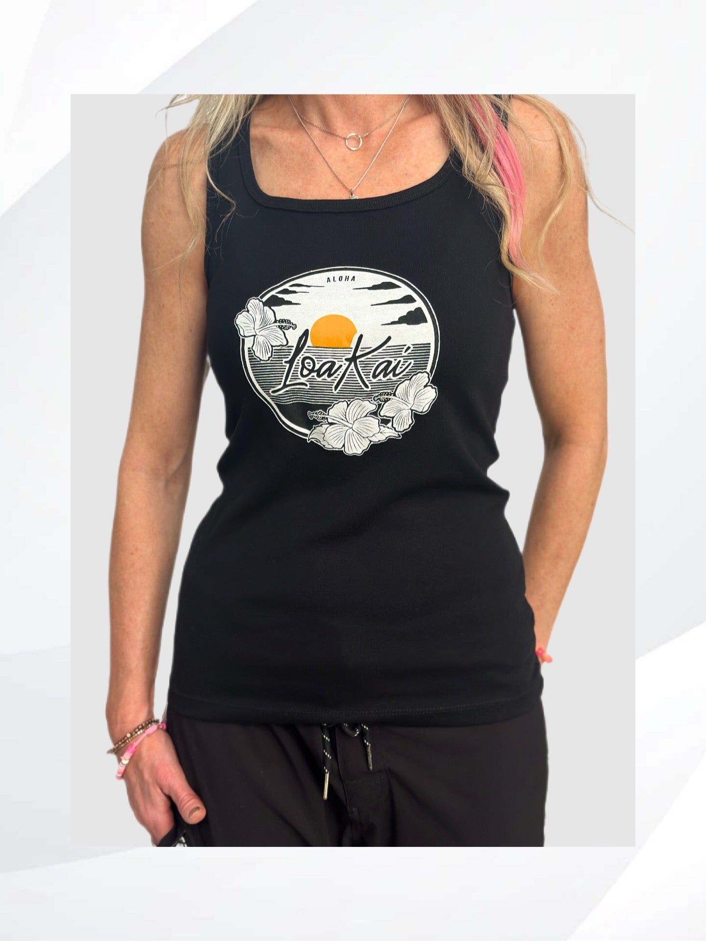 The SUNSET women's fashion tank top is the perfect way to show your style. This micro ribbed tank can handle everything from active days to everyday comfort. Enjoy a laid-back look and feel that can only be found with the SUNSET.