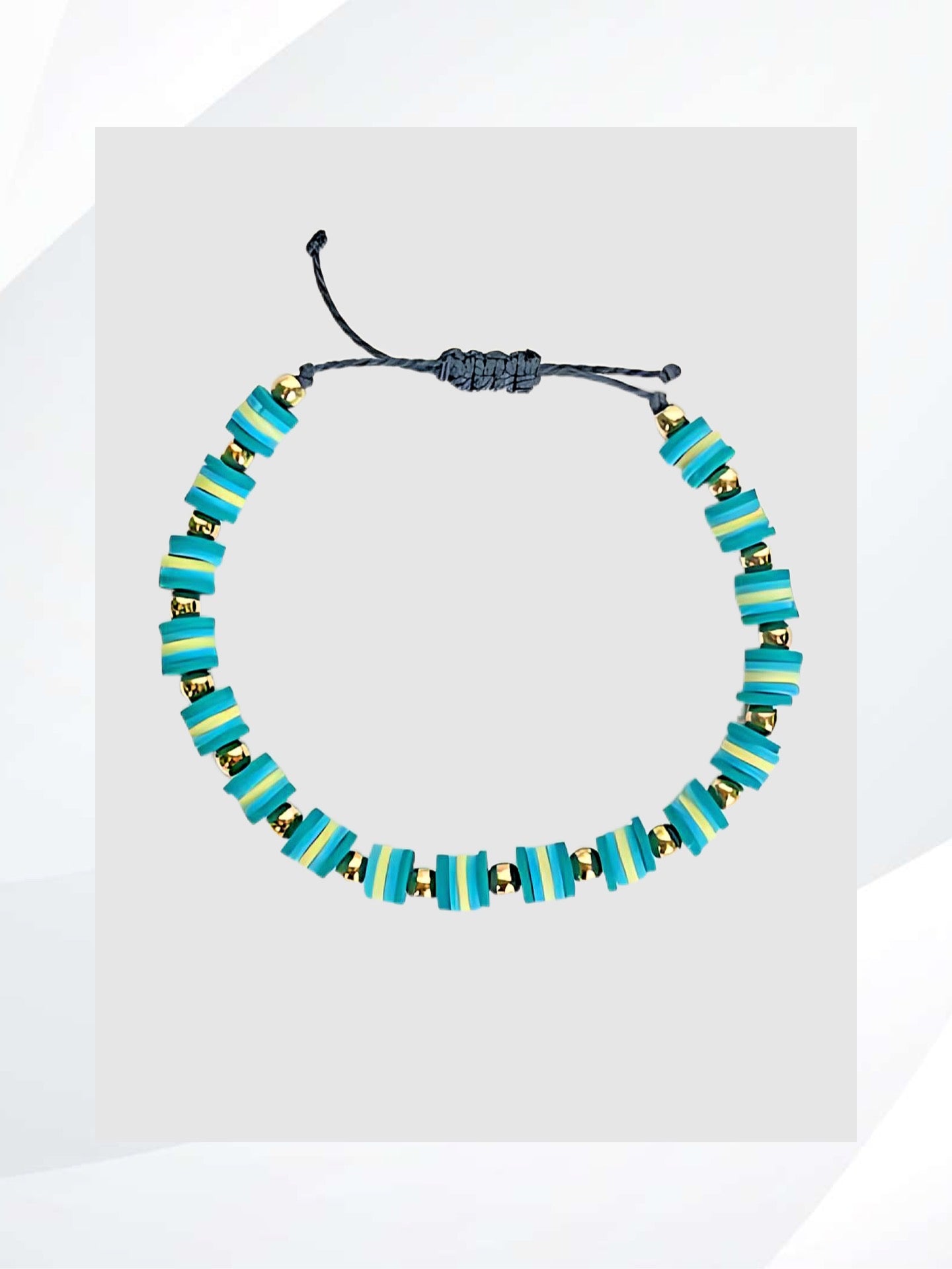 SUMMER SKY BRACELET features an adjustable tie cord and a convenient on and off design, adding a stylish touch with its vivd blue sky discs. Handmade jewelry that is fun and unique.